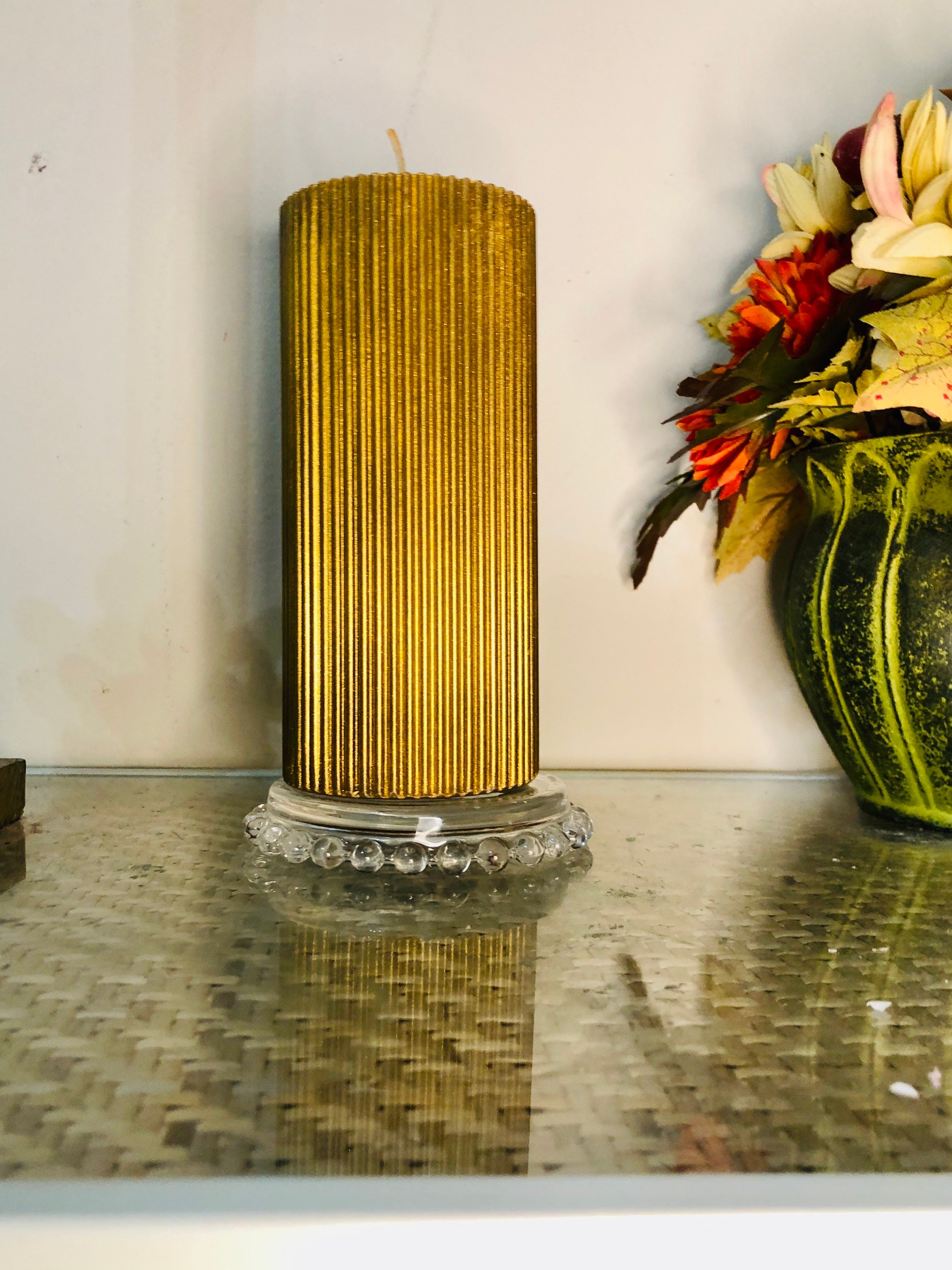 6 Inch Tall Ribbed Brown Shimmering Gold Pillar Candle With Etsy