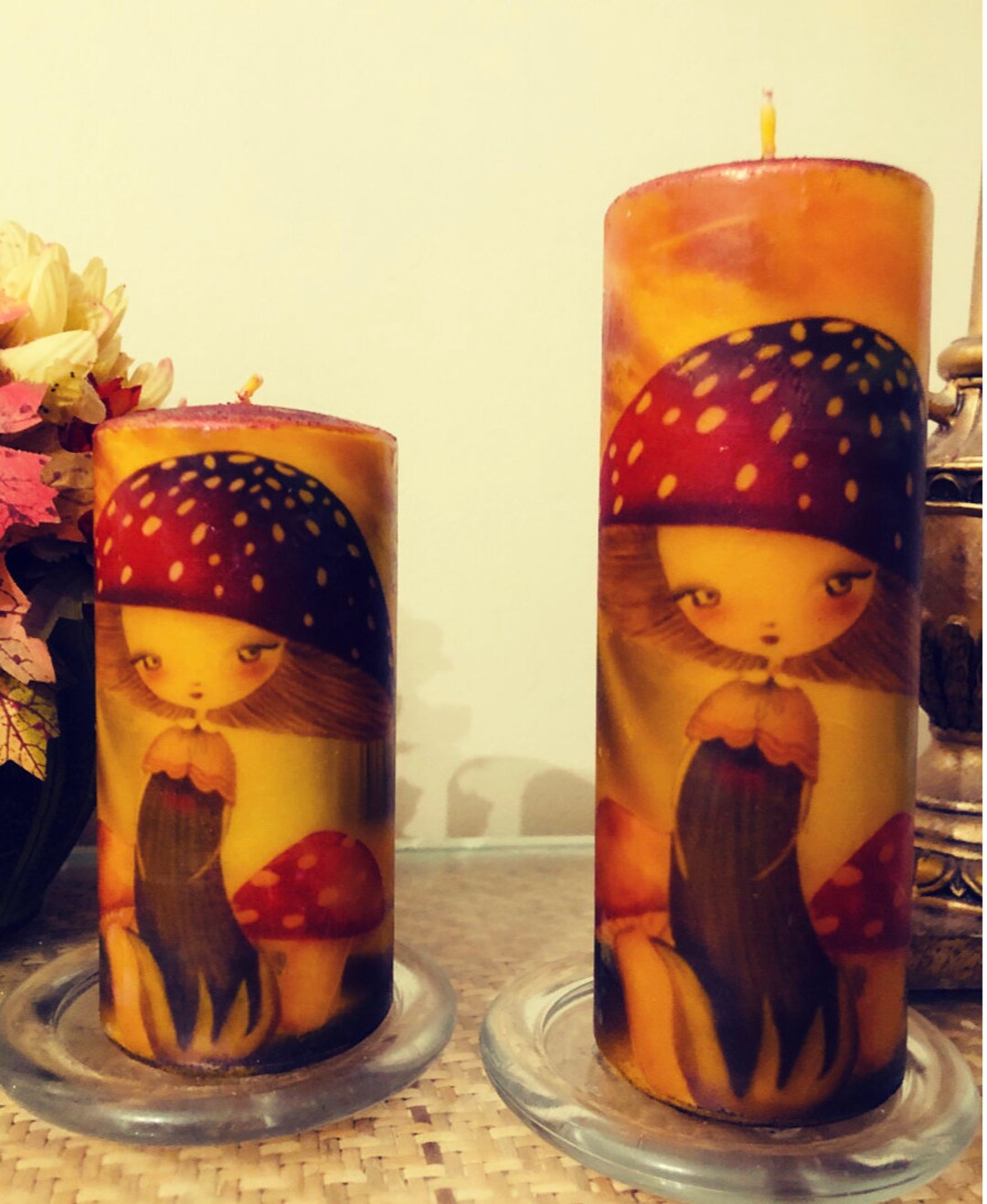 8 Inch Tall And 6 Inch Tall Sweet Mushroom Girl Pillar Candles With 8-inch-tall-and-6-inch-tall-sweet-mushroom-girl-pillar-candles-with