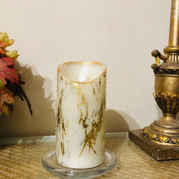 6 inch tall gold glitter marble scented abstract realistic wick flameless candle  with on/off switch with remote and timer fast free Shippin