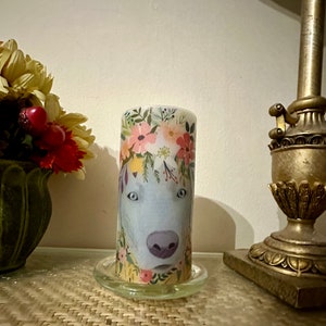 6 inch tall flameless floral and Doggy Flameless candle with on/ off switch batteries included free shipping