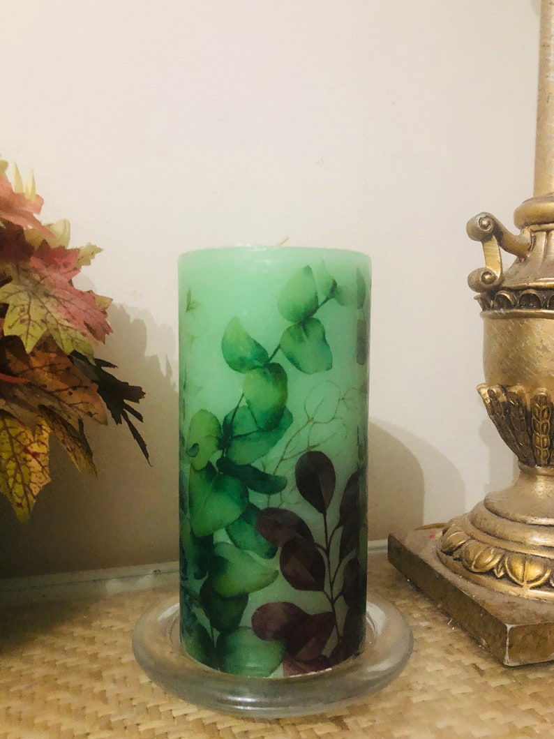 6 Inch Tall Pillar Candle With Garden Eucalyptus Mint Fragrance Oil