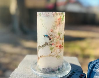 Asian Bird Floral Art Flameless Candle with Timer (Batteries Included)