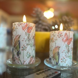 Diagonal ribbed 4 inch and 5 inch tall two piece remote battery operated Birds and butterflies candle set batteries included Free  shipping