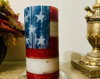 6 inch tall Vintage American flag pillar candle with sugar sand beach fragrance Free Shipping