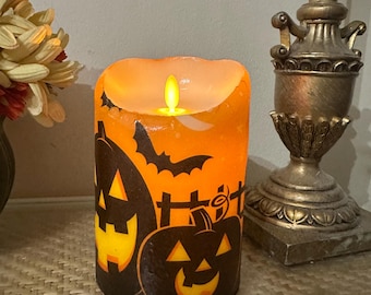 Halloween Flameless Candle: Jack O Lantern & Bats (Batteries Included)
