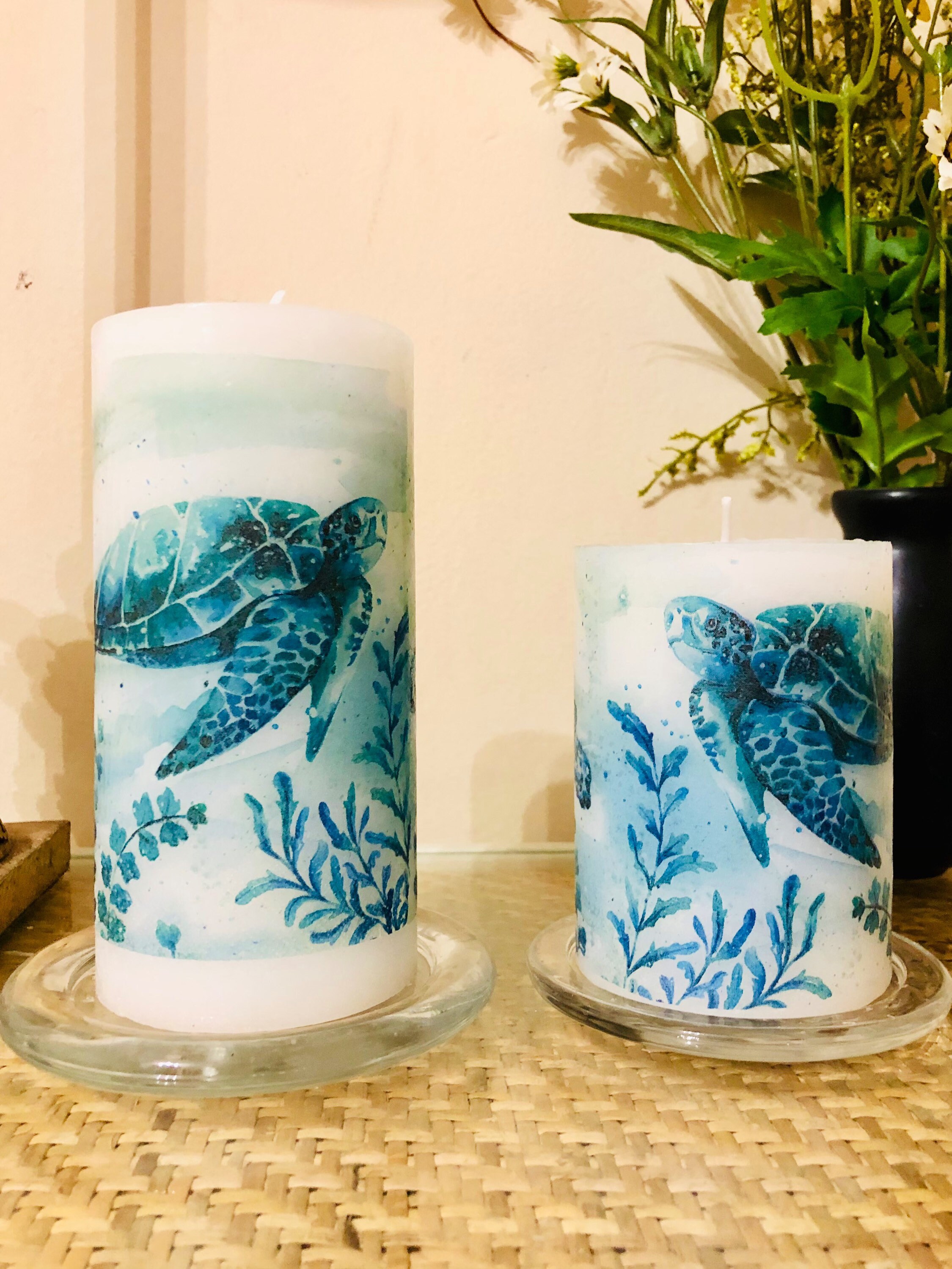 6 inch tall and 4 inch tall Beautiful Sea Turtle candle set with Sugar sand beach fragrance oil FAST FREE SHIPPING