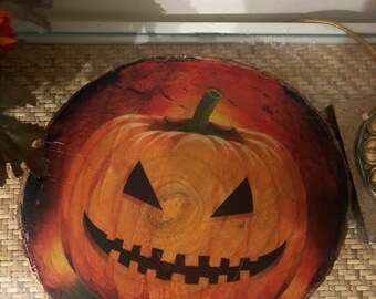 Halloween Pumpkin Wood Slice Decor - 9 inch Wall or Easel Art