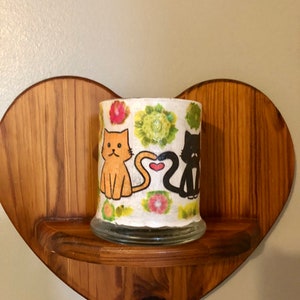 Handmade 3.9 inch textured adorable flowers and cats glass vase, candle holder or keepsake container