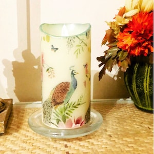 6 inch tall Beautiful Peacock, flowers and butterflies flameless candle with moving realistic flame batteries included fast free shipping