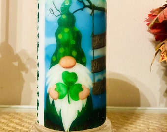 5.5 inch tall St Patrick’s day gnome pillar candle with fresh cut grass fragrance fast free shipping