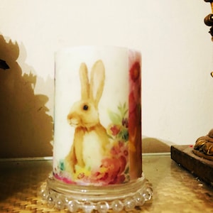 Fast free Shipping 4 inch tall Bunny and flowers  candle with Vanilla Cream fragrance oil