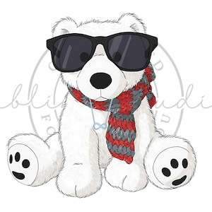 Peut inclure: Illustration d'un ours polaire blanc portant des lunettes de soleil noires et une écharpe rouge, grise et blanche. L'ours a des coussinets noirs et est assis. Un logo circulaire gris clair est derrière l'ours.