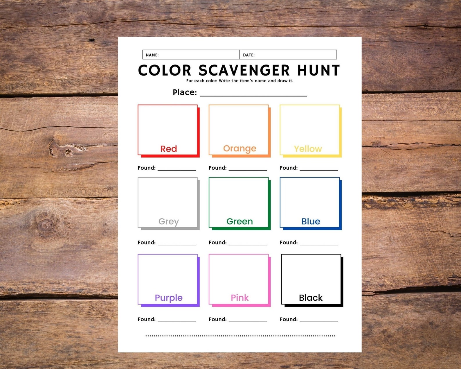 preschool printable color hunt with objects