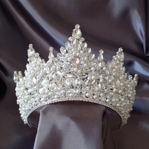 Silver Pearl Crystal Crown, Wedding Tiaras, Bridal Crown, High Crystal Tiara, Royal Crown, Party Crown, Tiara