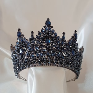 Marineblauwe tiara, bruidskroon, hoge kristallen tiara, koninklijke kroon, feestkroon, bruilofttiara&#39;s