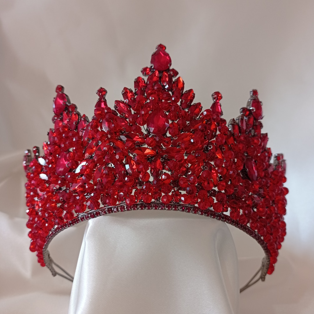 Red Crown, Bridal Crown, High Crystal Tiara, Royal Crown, Wedding Tiaras, Party Crown, Bridal