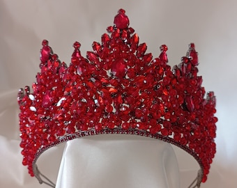 Red Crown, Bridal Crown, High Crystal Tiara, Royal Crown, Wedding Tiaras, Party Crown, Bridal Tiara