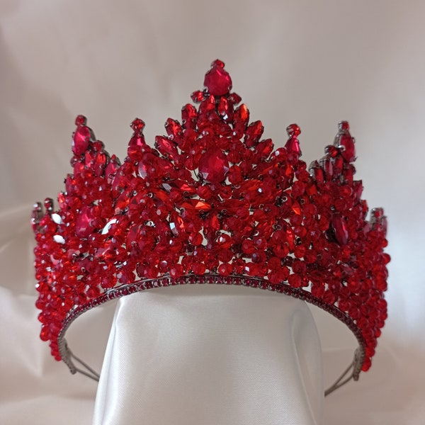 Red Crown, Bridal Crown, High Crystal Tiara, Royal Crown, Wedding Tiaras, Party Crown, Bridal Tiara