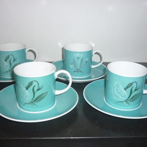 Susie Cooper England Set of Four Coffee Cups & Saucers Teal Aqua with Black Botanical Decor MidCentury