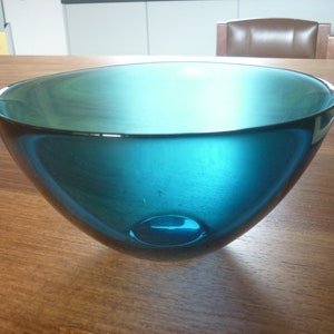Orrefors FUGA Large Blue Glass Bowl designed by Sven Palmquist Made in Sweden Mid Century Scandi