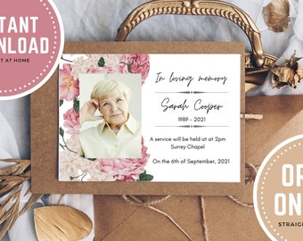 Funeral/Memorial service invitation, editable template, Roses