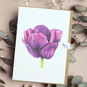 Tulip card, botanical watercolour, Tulip flower, floral greeting card, Botanical greeting, Purple flower, Original art.