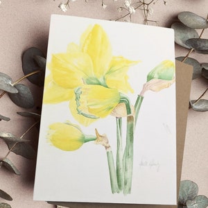 Carta narcisi, acquerello botanico, fiore narciso, biglietto di auguri floreale, saluto botanico, fiore giallo, arte originale.