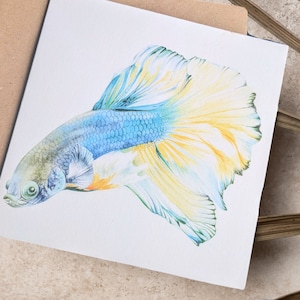 Carta di pesce combattente, acquerello originale, biglietto d'auguri per animali, biglietto d'auguri vuoto, arte animale, regalo di pesce, carta pesce combattente siamese