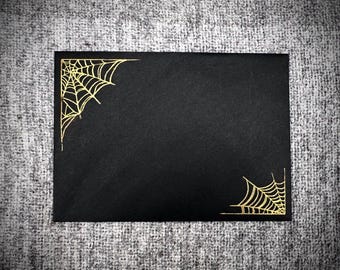 Halloween envelope - cobwebs embossed with a mirror gold finish, spooky season, halloween party invitations, Spooky envelopes, gothic design
