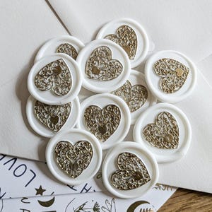 Wedding envelope wax seal - White seal with metallic gold filligree heart design, handmade wax seal