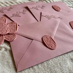 Pink wedding Envelope and matching wax seal set-Cherry blossom embellishment, metallic gold, dandelion pale pink wax seal, rectangle seal,