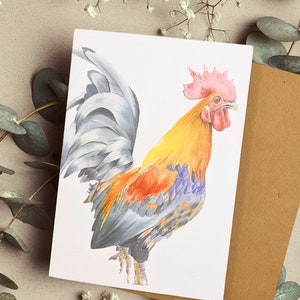 Carte coq, carte poulet, aquarelle originale, carte de voeux animal, carte de voeux vierge, art animalier, cadeau poulet, animaux de la ferme