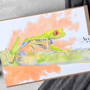Groene boomkikker en envelop - groene kikker, wildkaart, dierenkaart, wenskaart, kikkerkaart, amfibiekaart