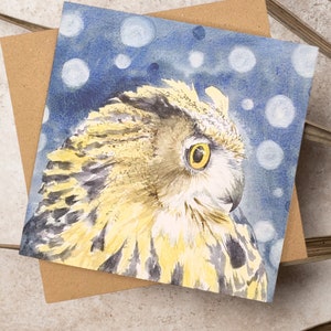 Tarjeta de búho, búho de invierno - cuadrado, retrato de acuarela, búho, tarjeta de felicitación, arte de aves, tarjeta de animal