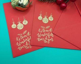 Christmas red envelope - gold baubles, gold script &quot; It&#39;s the most Wonderful time of the year &quot; - set of 6 envelopes