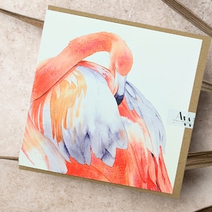 Tarjeta de flamenco y sobre - cuadrado, retrato de acuarela, flamenco rosa, tarjeta de felicitación, arte de aves, tarjeta de animal