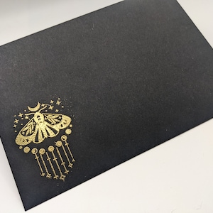 Black celestial envelope - moon moth design, pagan, gothic motif, hand embossed with a mirror gold finish - set of 3