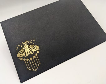 Black celestial envelope - moon moth design, pagan, gothic motif, hand embossed with a mirror gold finish - set of 3