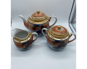 Vintage Mid-Century Japonês Pêssego Azul Lusterware Lake House Bule Cremer Set