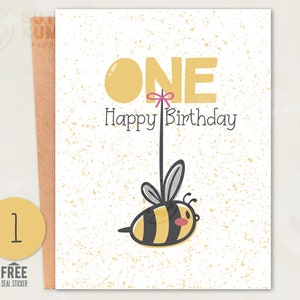 First birthday card | happy 1 | one year old | cute bee card | card bundle