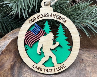 Bigfoot America wood ornament, land that I love, God bless America, Sasquatch ornament