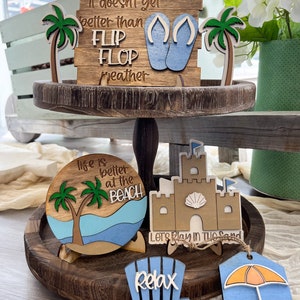 Beach tier tray set, summer, beach life, sand castle, flip flops, relax, wood decor, home decor