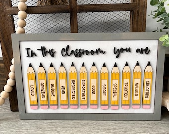 In this classroom sign, teacher gift, teacher appreciation, pencils, home decor, classroom decor, wood decor, wood sign