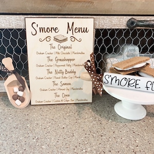 S'mores menu, wood decor, s'mores sign, tier tray decor, home decor,