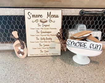 S'mores menu, wood decor, s'mores sign, tier tray decor, home decor,