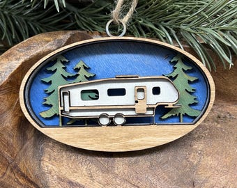 RV ornament, camping, RV life, travel, 4 layers of wood