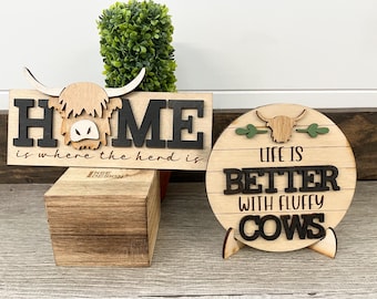 Highland cow mini signs, fluffy cows, home is where the herd is, tier tray decor, wood decor, farmhouse decor, home decor