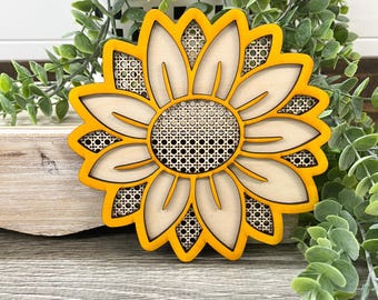 Rattan sunflower, wood decor, fall, summer, sunflower decor, home decor, tier tray decor