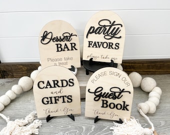 Wedding ceremony reception signs, guest book, favors, cards and gifts, dessert bar, tabletop signs