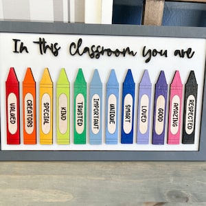 In this classroom sign, teacher gift, teacher appreciation, crayons, home decor, classroom decor, wood decor, wood sign